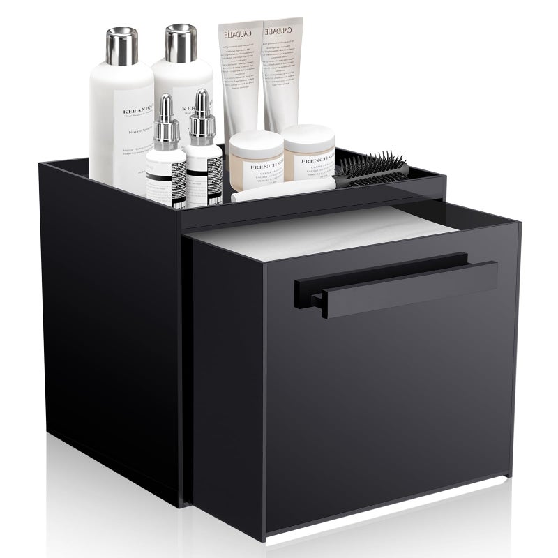 TAINESS Disposable Face Towel Storage Box Compatible with Clean Skin Club Clean Towel XL Acrylic Cosmetic Organizer Container Box Facial Towels Holder with Drawer WallMounted Glossy Black